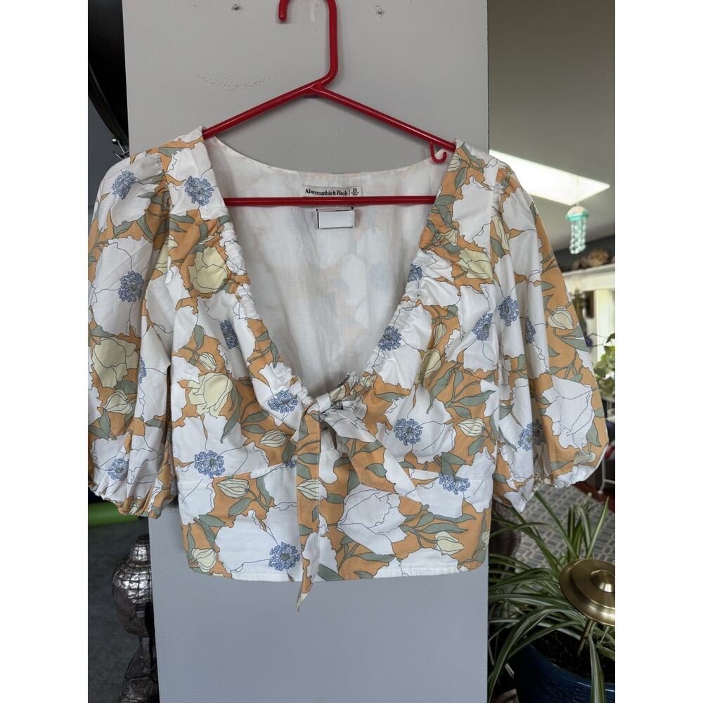 Abercrombie & Fitch Floral Puff Sleeve Crop Top Tie Front Blouse XS